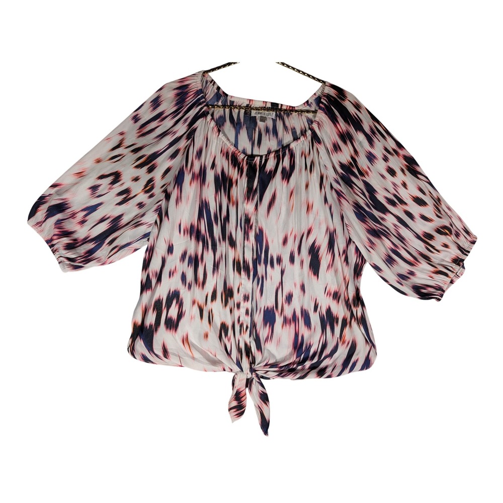 Jennifer Lopez Womens Large Animal Print Tie Front Blouse Navy Pink White Top
